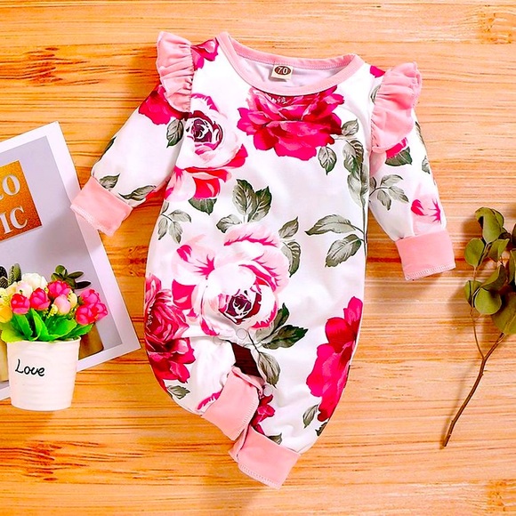 Floral Print Ruffled Long-sleeve Baby Jumpsuit